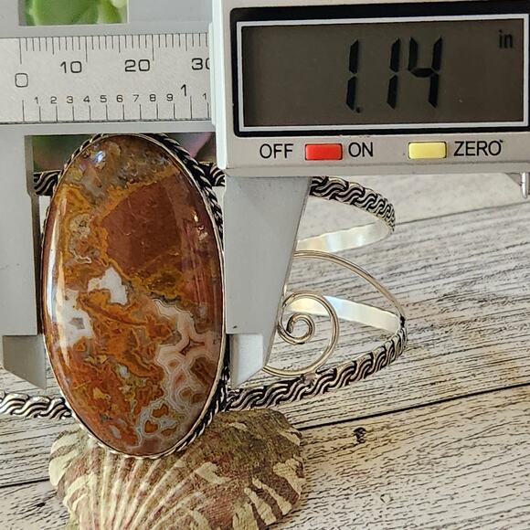 Sunset Blaze Orange Agate Wide Silver Cuff, Vibrant Sterling Silver Bracelet - Picture 2 of 10